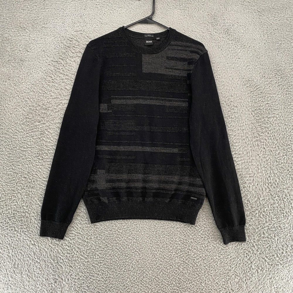Hugo Boss Sweater Mens Medium Black Virgin Wool Slim Fit Knit Office Work